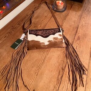 *SOLD* MYRA DUSTY FRINGED HAND TOOLED LEATHER & HAIRON BAG (NWT)